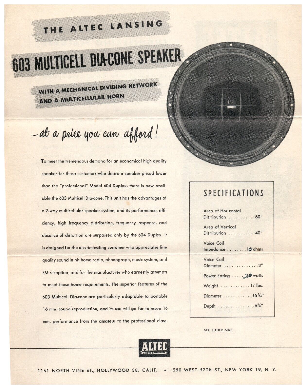 1940s Altec Lansing 603 Muticell Dia Cone Speaker Hollywood ORIGINAL P ...